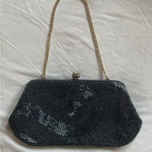 Navy Blue Beaded Evening Kiss lock Clutch